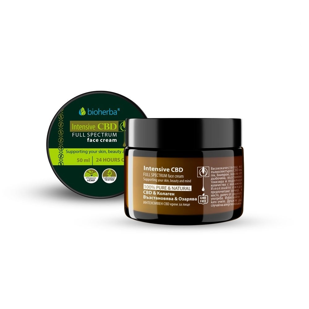 Интензивен CBD крем за лице, с Колаген, Възстановява & Озарява, 50мл, БИОХЕРБА